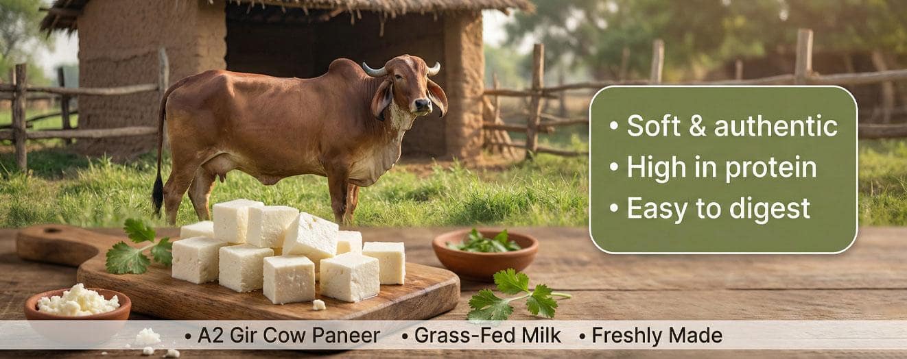 freshly cutted pieces of a2 gir cow paneer , made from organic a2 milk